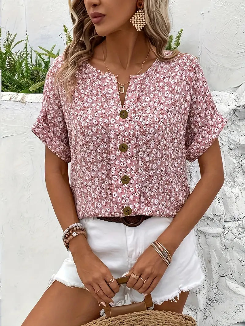 Modisches Damen Sommer Kurzarm Print-Top mit Knöpfen, leicht und luftig. Vielseitig kombinierbar für Alltag & Urlaub.