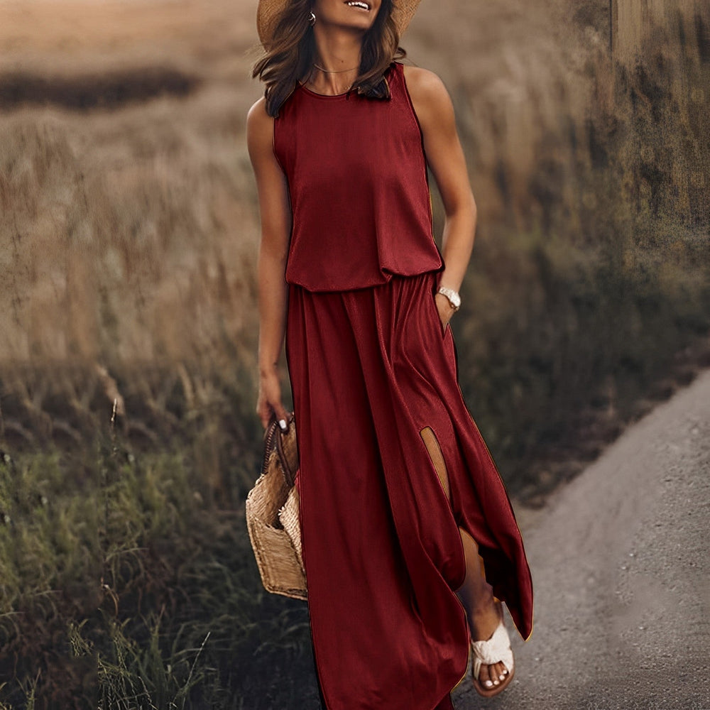 Fließendes Damen Maxikleid ärmellos mit Retro-Muster, ideal für elegante Sommertage & bequeme Freizeit.