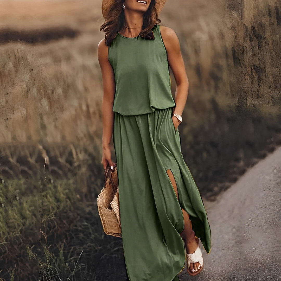 Bequemes, fließendes Damen Maxikleid ärmellos, mit stilvollem Retro-Muster, auch in großen Größen.