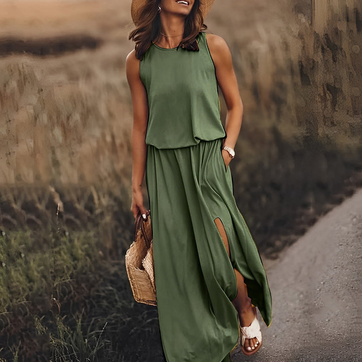 Bequemes, fließendes Damen Maxikleid ärmellos, mit stilvollem Retro-Muster, auch in großen Größen.