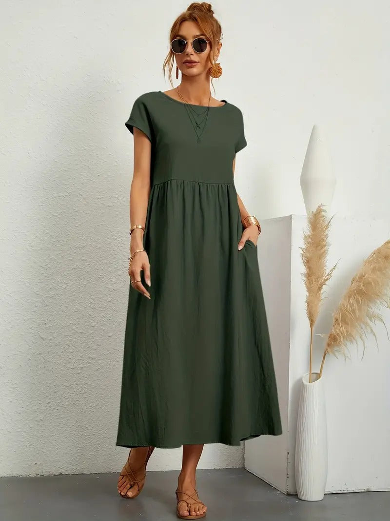 Stilvolles Damen Midikleid mit praktischen Taschen, perfekt für Freizeit & Urlaub.