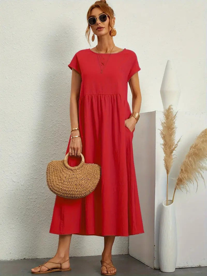 Modisches Damen Sommer Midikleid mit Taschen, ideal für Freizeit und Büro im Frühling.