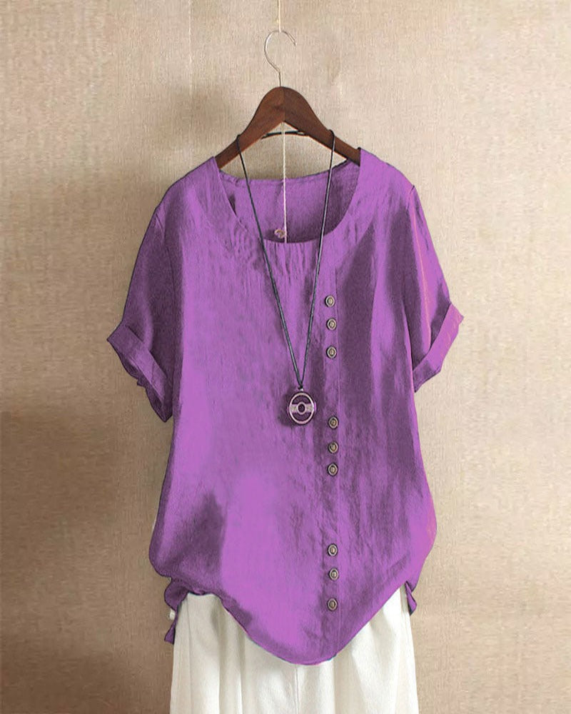 Elegante Damen Sommerbluse kurzarm, luftig, mit Knopfdetails für Freizeit & jeden Tag.