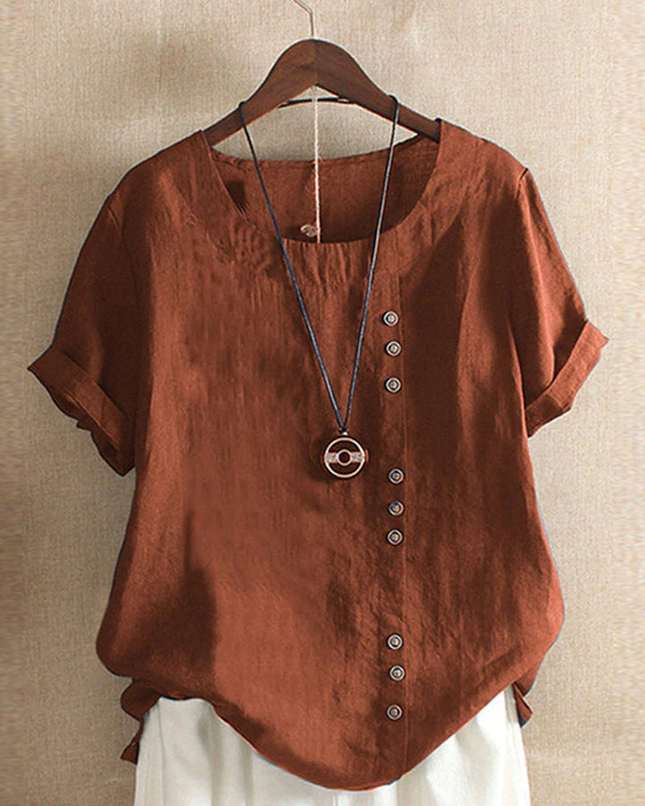 Modische Damen Sommerbluse mit dekorativen Knopfdetails, vielseitig kombinierbar.