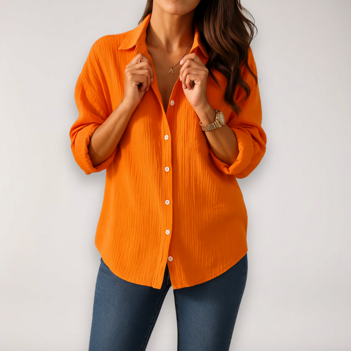 Elegantes Damen Sommer Top mit Knopfleiste & aufrollbaren Ärmeln; atmungsaktives Freizeithemd mit lockerer Passform.