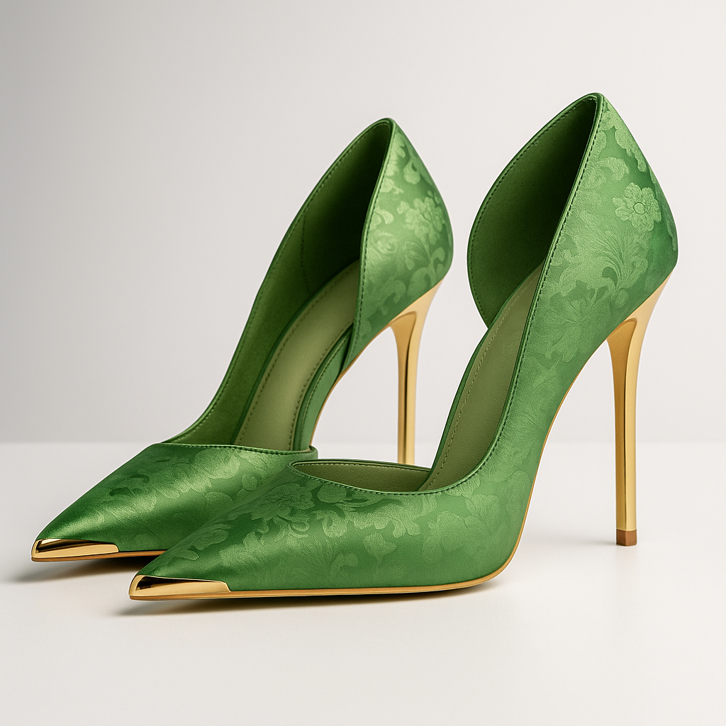 Damen Stiletto Pumps mit floralem Muster & elegantem Gold-Akzent. Ideal für festliche Anlässe und Partys.