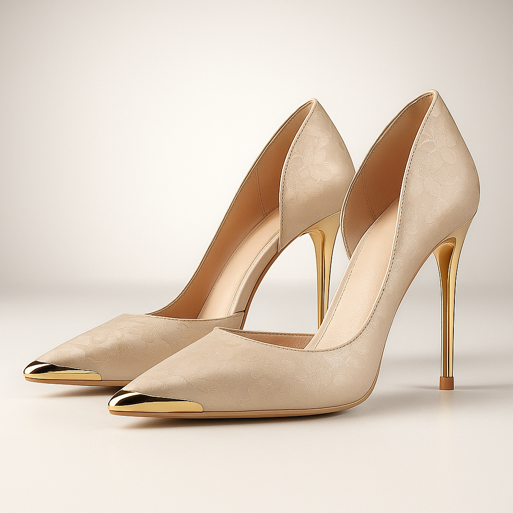 Stylische Damen Stiletto Pumps mit floralem Print & goldenen Akzenten. Ideal für Partys, Hochzeiten & Events.