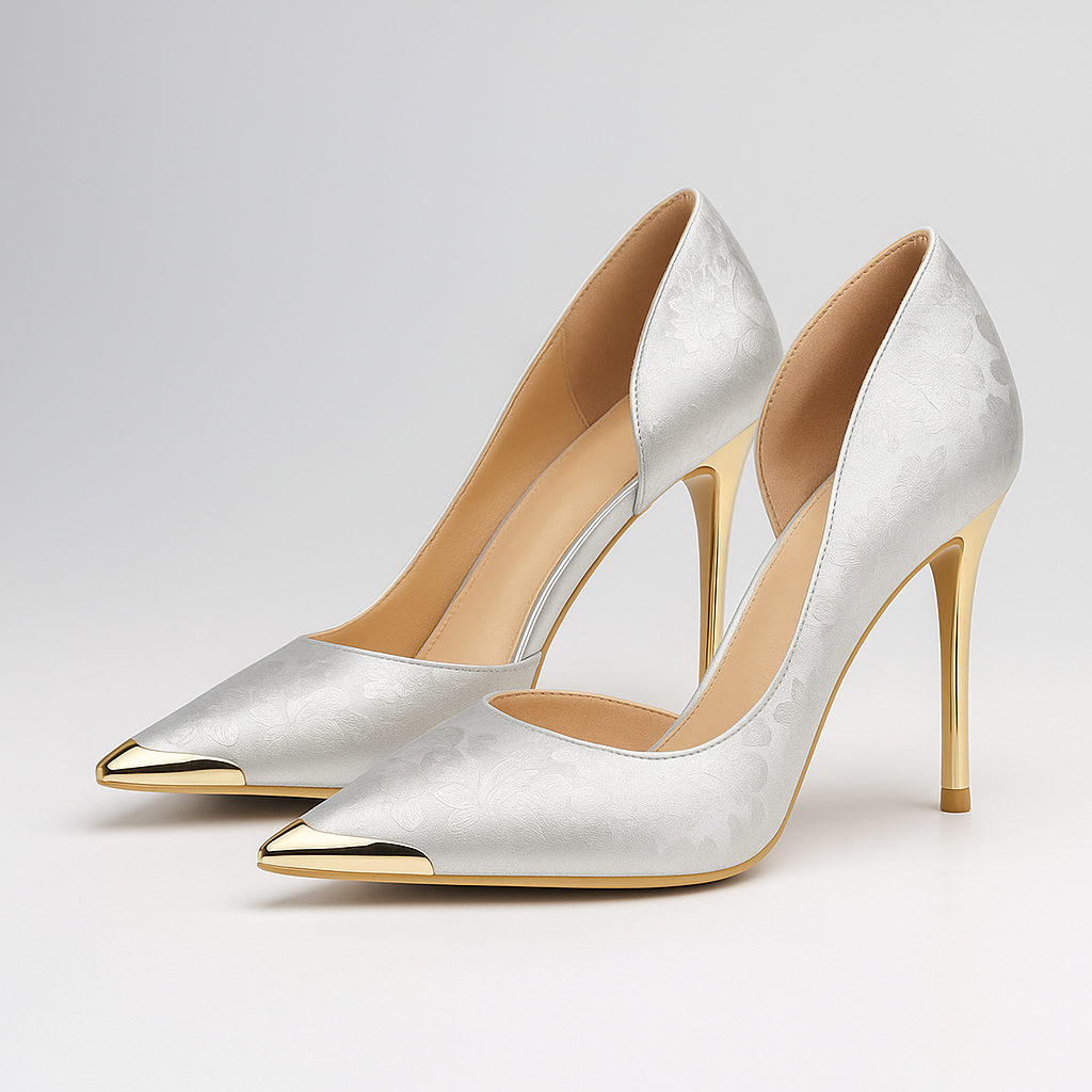 Glamouröse Damen Stiletto Pumps mit Gold-Akzent & opulentem Blumenmuster. Perfekte Abendschuhe für einen Auftritt.