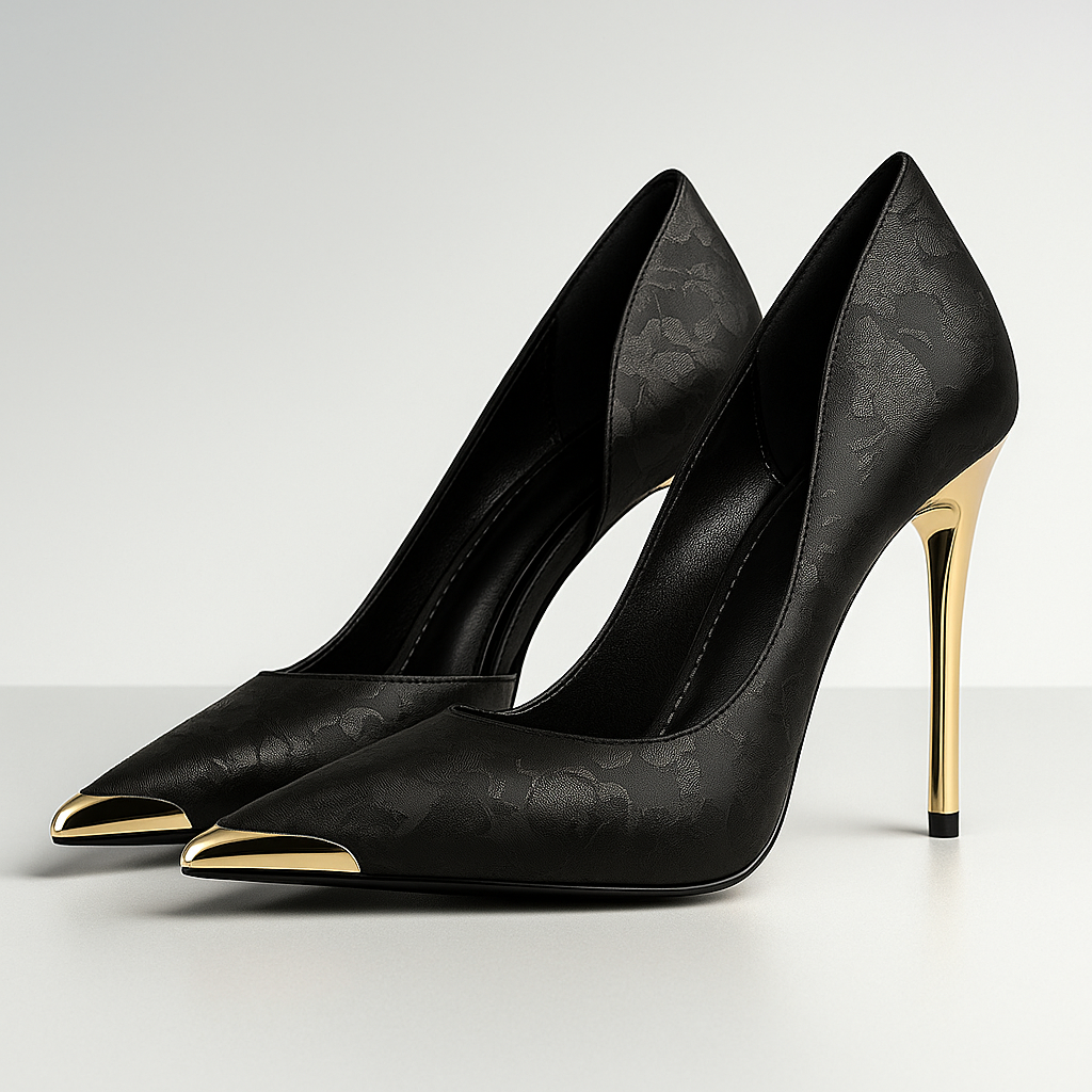 Festliche Damen Stiletto Pumps mit detailliertem Blumenmuster und edlen Gold-Akzenten. Perfekte Hochzeitsschuhe.