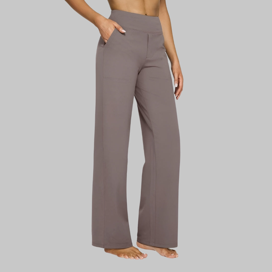 Damen Stretchhose mit hoher Taille & Seitentaschen, ideal für Komfort im Alltag.