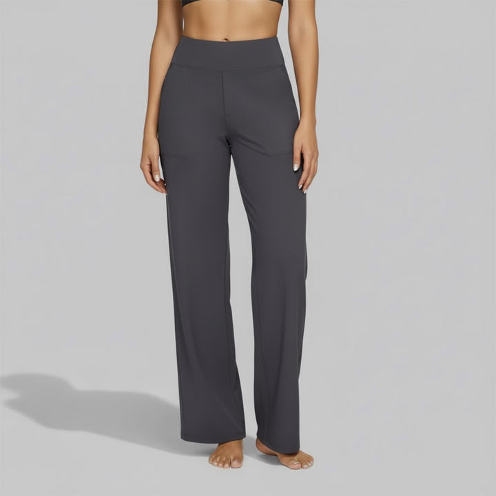 Stylische Damen Stretchhose, weites Bein, eleganter Lounge-Stil. Bequem für alle Gelegenheiten.