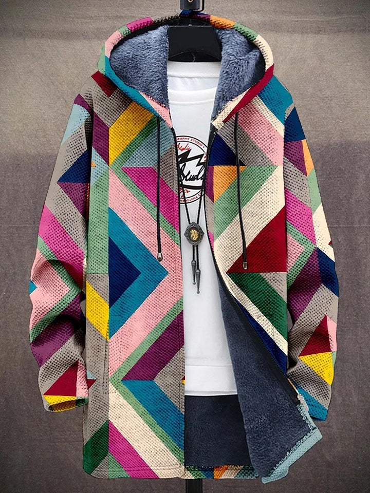 Moderne Damen-Cardigan in farbenfrohem Geometrie-Design; ein stylisches Statement-Piece für Herbst & Winter.