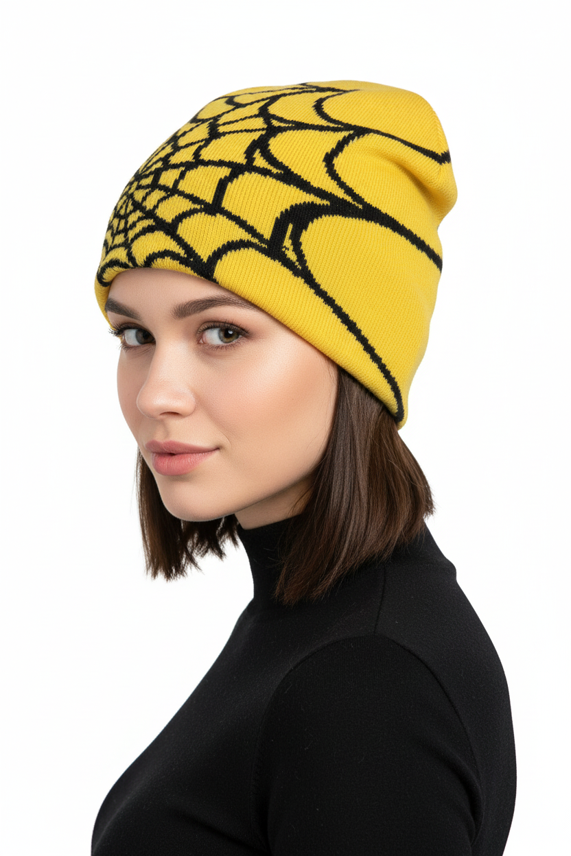 Damen Strickmütze mit schwarzem Spinnennetz-Print auf rotem Grund, NOUVEAU RICHE