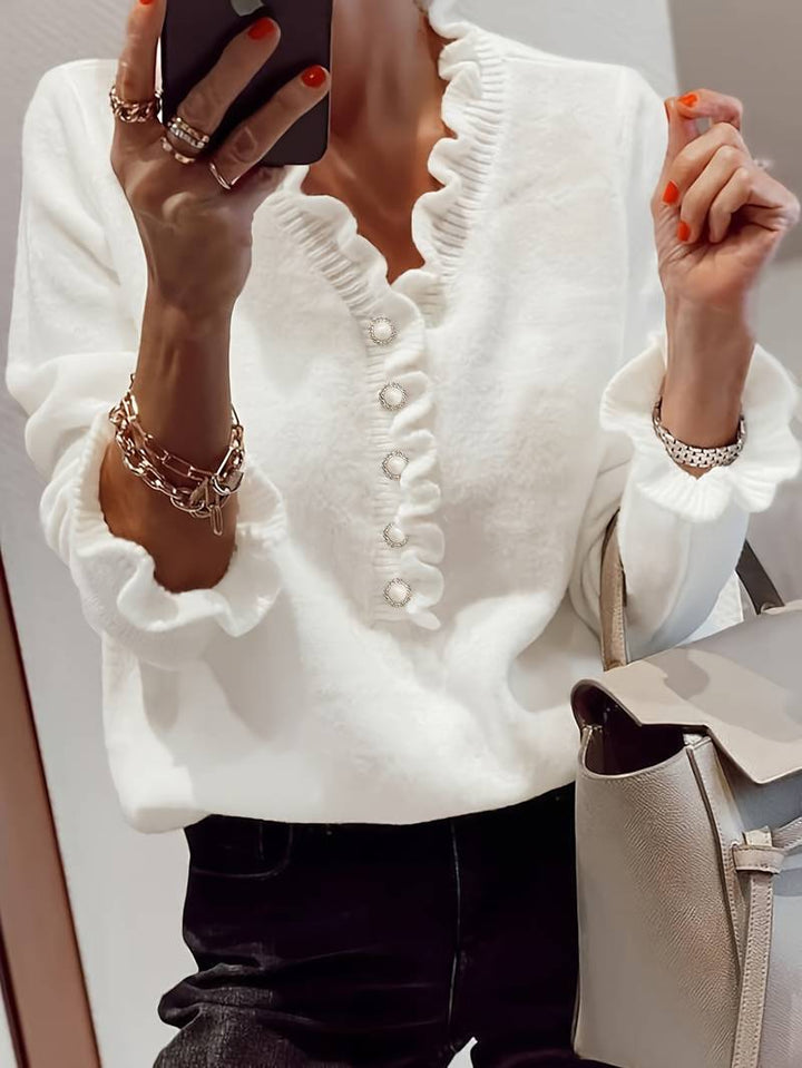 Damen Strickpullover mit V-Ausschnitt und modischem Knotendetail, perfekt für elegante Herbst-Outfits.