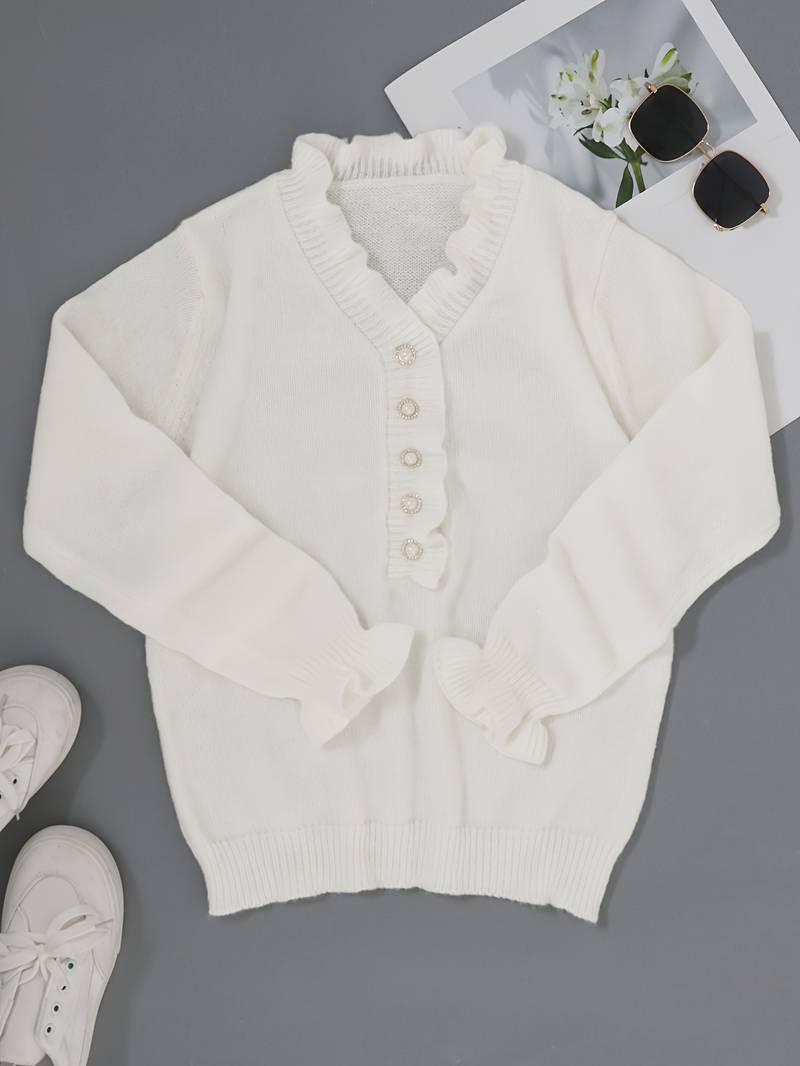 Modischer Damen Langarmpullover mit V-Ausschnitt & Knotendetail, ideal für die Übergangszeit im Herbst.