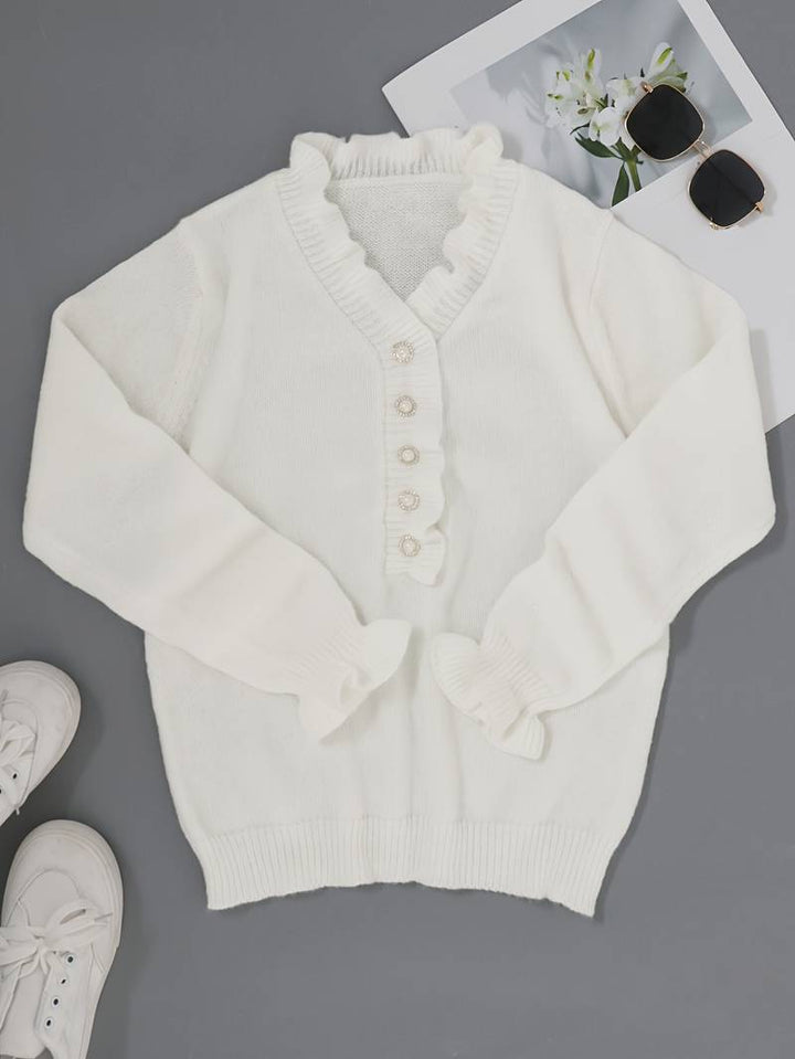 Modischer Damen Langarmpullover mit V-Ausschnitt & Knotendetail, ideal für die Übergangszeit im Herbst.
