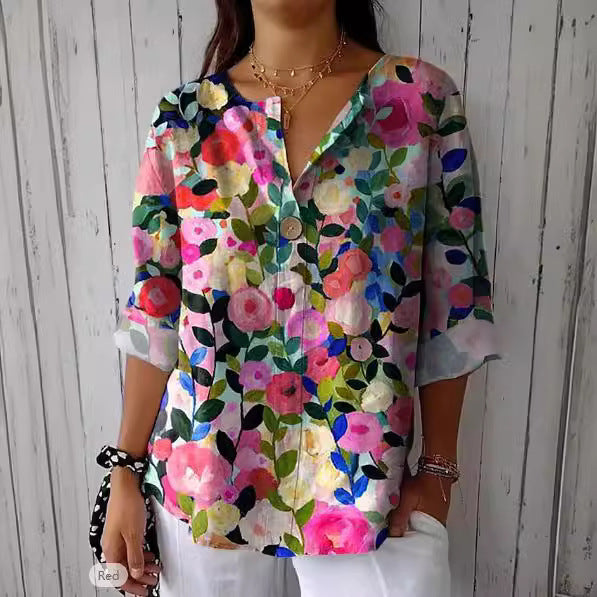 Damen T-Shirt mit V-Ausschnitt, Farbblock-Design und 3/4 Ärmeln für Herbst & Frühling. Lockere Freizeitmode.