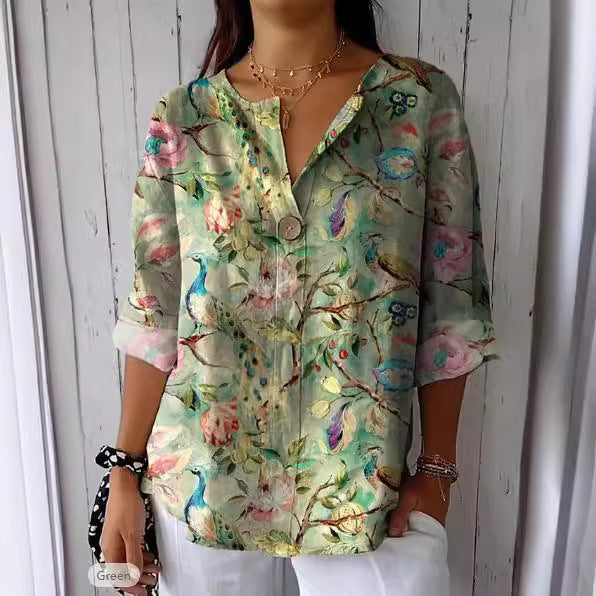 Modisches Damen V-Ausschnitt T-Shirt mit Farbblock-Print und 3/4 Ärmeln. Perfekt für Alltag & Freizeit.