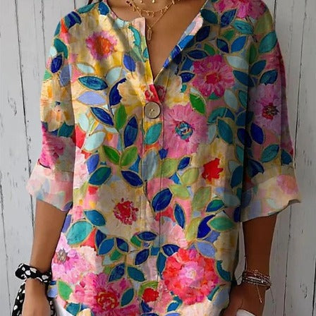 Damen T-Shirt mit lockerem Schnitt, V-Ausschnitt und modernem Farbblock-Print. 3/4 Ärmel für Herbst & Frühling.