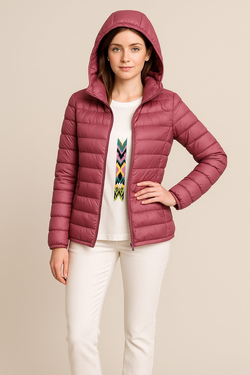 Damen taillierte Steppjacke mit Kapuze, schlank und elegant, ideal als warme Winter- oder stilvolle Übergangsjacke.