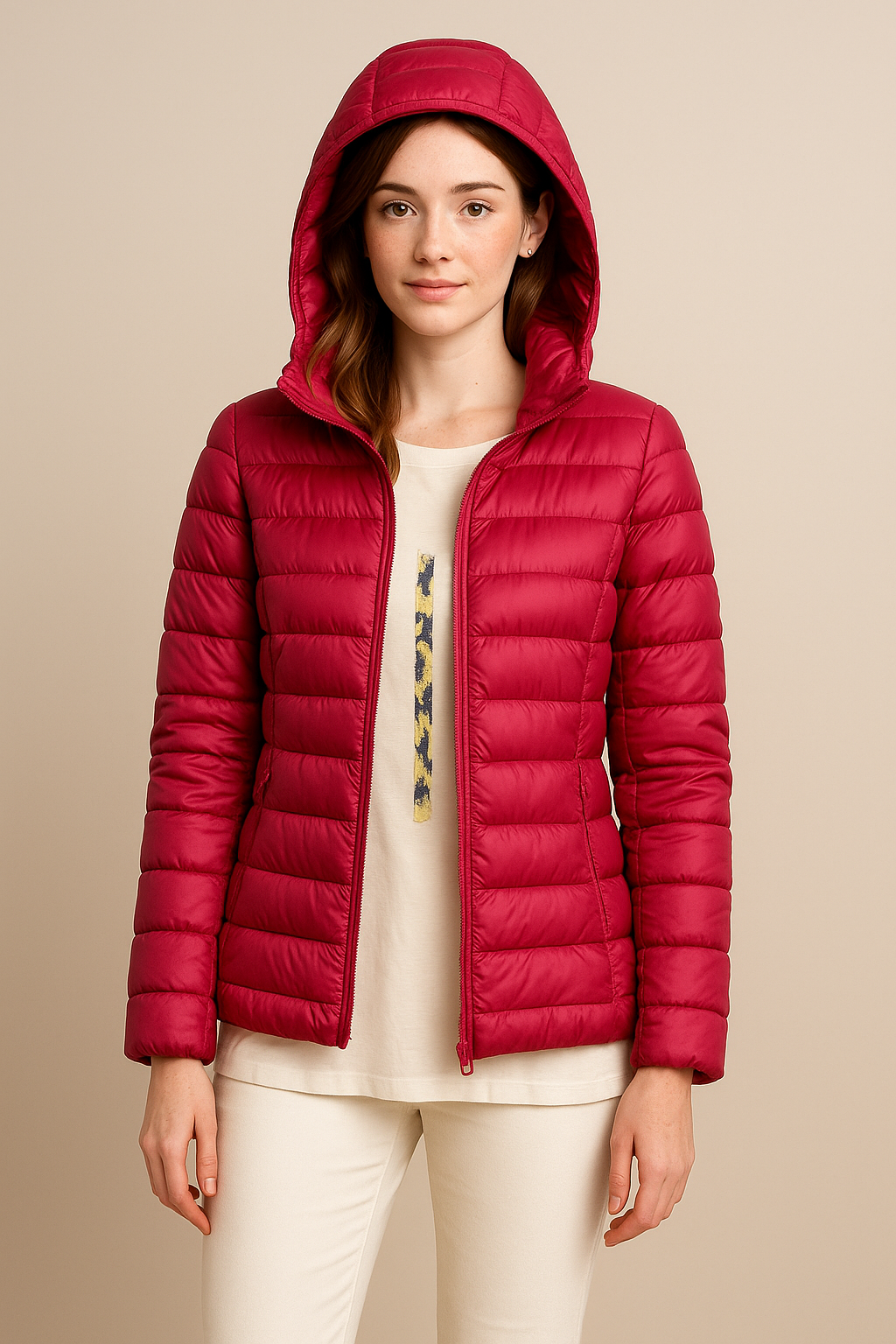 Warme Damen Kapuzen-Steppjacke mit tailliertem Schnitt, perfekt für kalte Tage, modisch und bequem im Alltag.