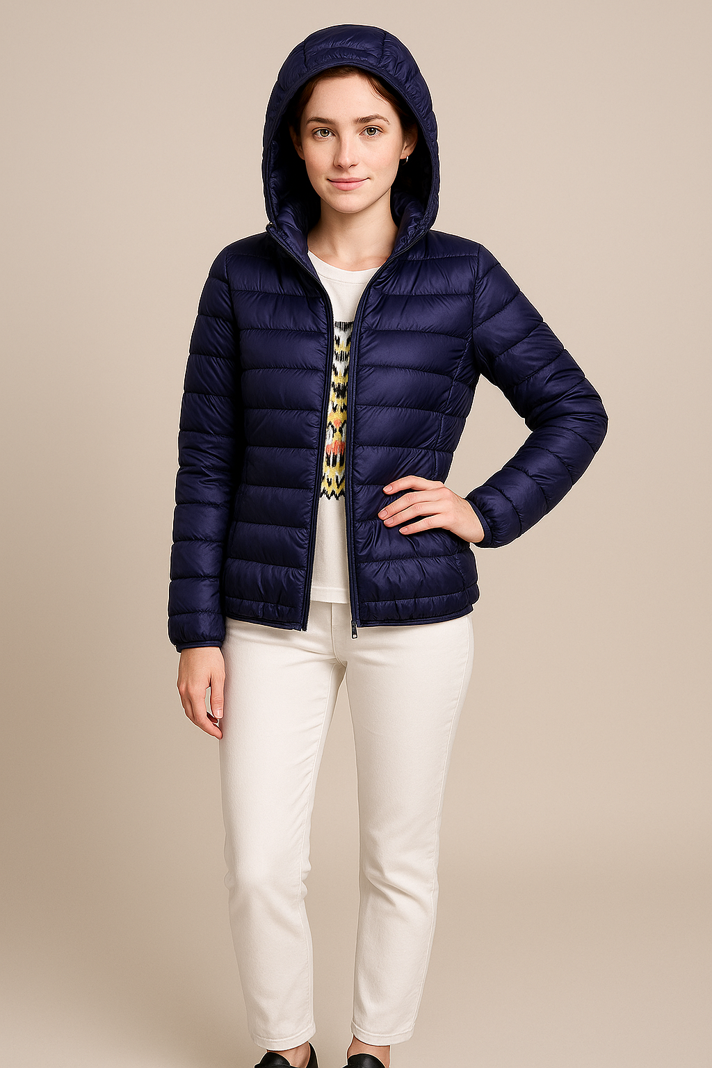 Elegante Damen Winterjacke mit Kapuze und Steppung, tailliert für eine feminine Passform, warm und stilvoll.