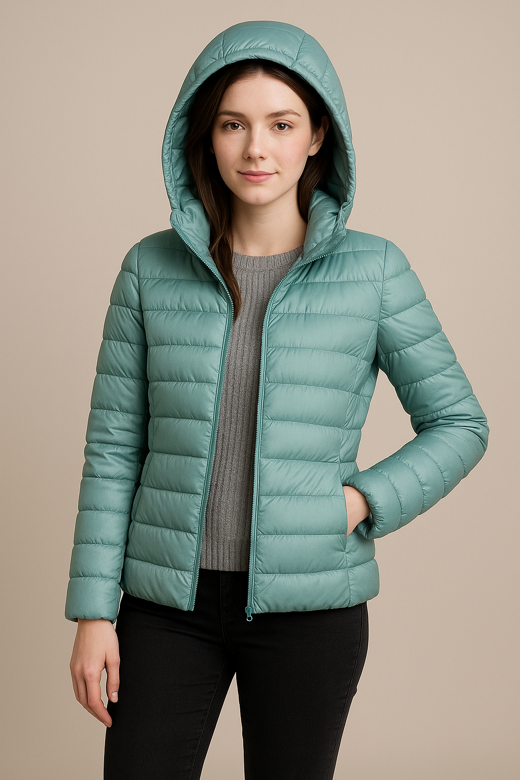 Stilvolle Damen Übergangsjacke, gesteppt und tailliert, mit Kapuze, bietet Wärme und einen modischen Look für jeden Tag.
