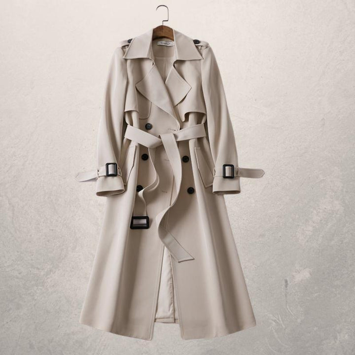 Damen Trenchcoat mit Gürtel, klassischer Doppelreiher für Frühling & Herbst. Eleganter Übergangsmantel.