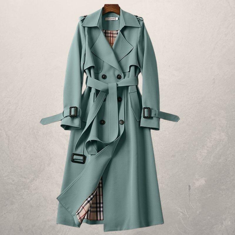 Langer Damen Trenchcoat für Frühling & Herbst. Klassischer Gürtelmantel in Doppelreiher-Optik. Vielseitig.