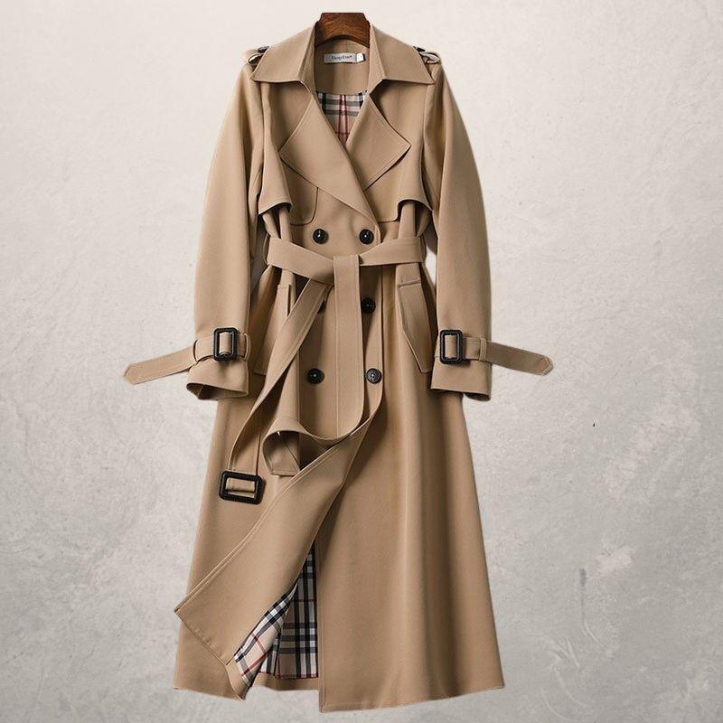Damenmode: Klassischer Doppelreiher Trenchcoat mit Taillengürtel, elegant und zeitlos. Perfekt sitzend.
