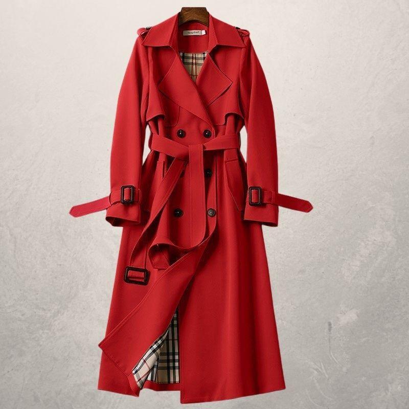 Klassischer Damen Trenchcoat mit Gürtel, Doppelreiher Design. Zeitloser Übergangsmantel für Damenmode.