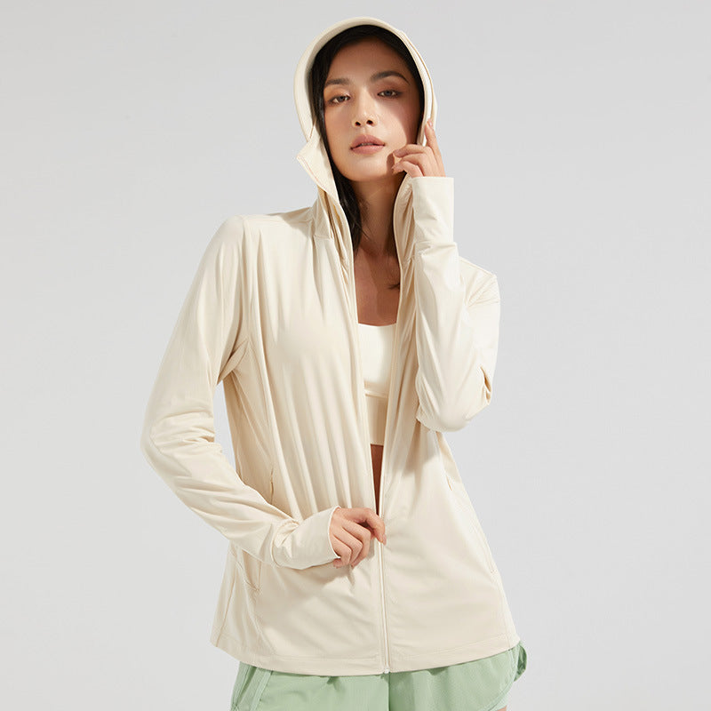 Damen UV-Schutz Kapuzenjacke mit abnehmbarem Gesichtsschutz für Outdoor & Herbst.