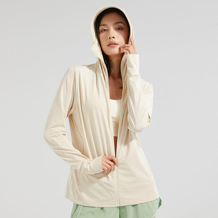 Damen UV-Schutz Kapuzenjacke mit abnehmbarem Gesichtsschutz für Outdoor & Herbst.