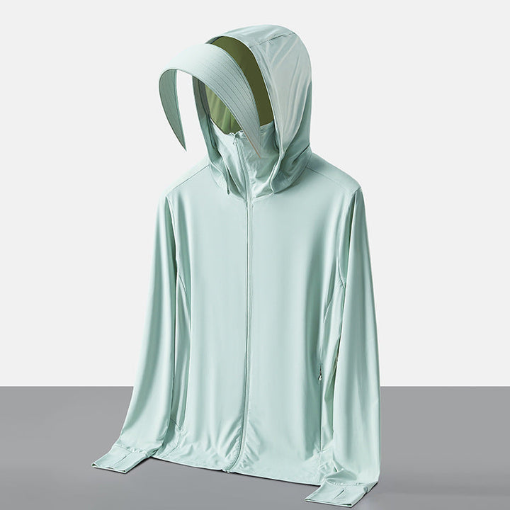 Damen UV-Schutz Hoodie mit Sonnenschutz & abnehmbarem Gesichtsschutz, perfekt für Radfahren & Freizeit.