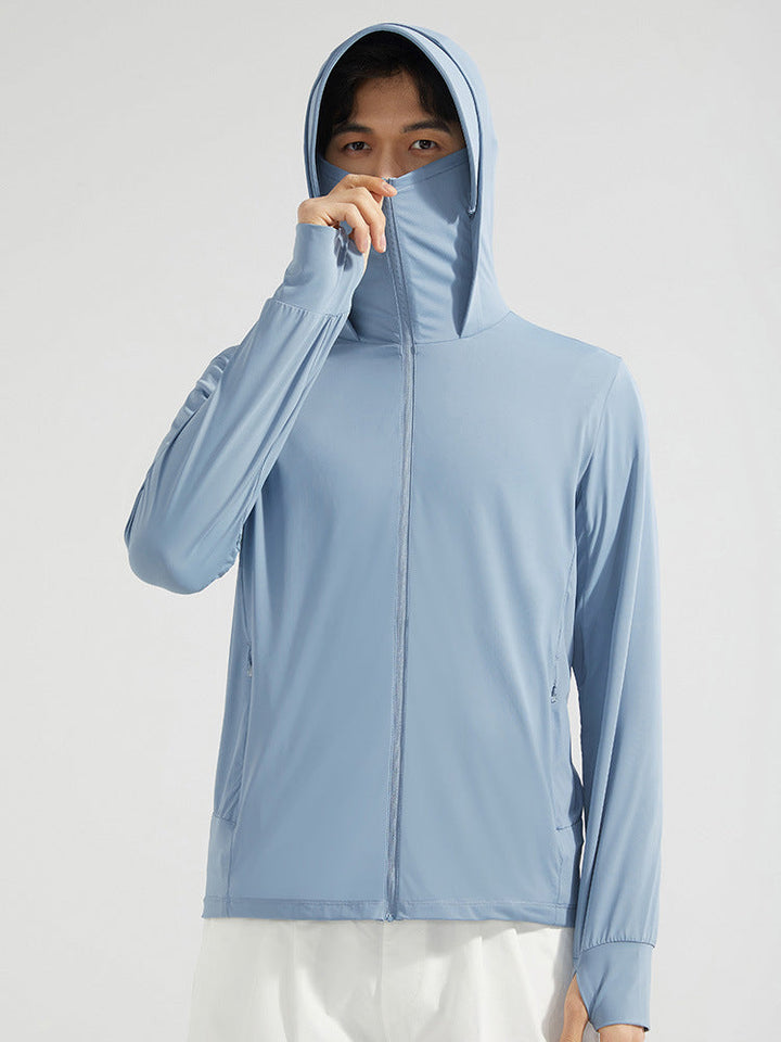 Vielseitige Damen UV-Schutz Jacke mit Hoodie & Gesichtsschutz, geeignet für Wandern, Radfahren, Freizeit.