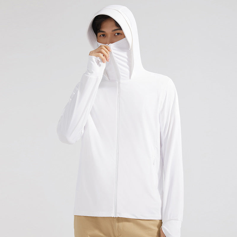 Bequeme leichte Damen UV-Schutz Kapuzenjacke für Herbst, mit Sonnenschutz und Gesichtsschutz.