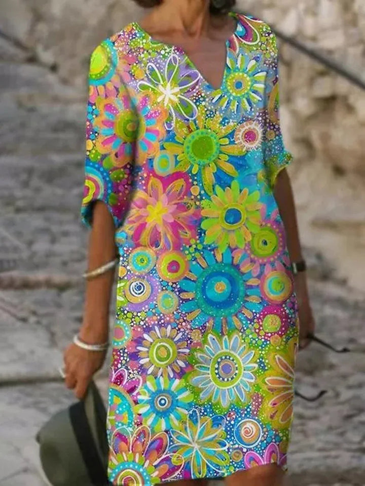 Damen V-Ausschnitt Blumenkleid mit langen Ärmeln, florales Design, ideal für elegante Herbstmode.