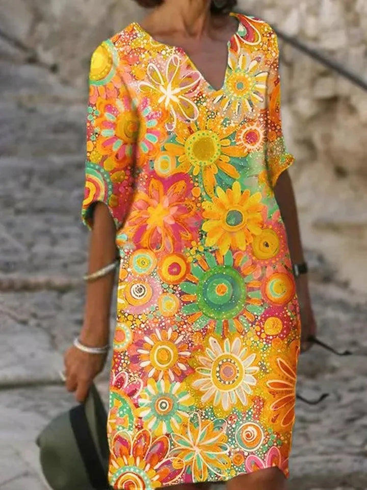 Bequemes Langarm-Blumenkleid für Damen mit V-Ausschnitt, vielseitiges Freizeitkleid für den Herbst.