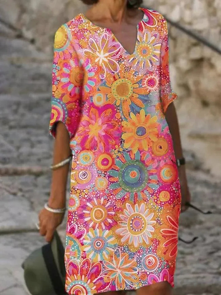 Modisches Damenkleid mit floralem Muster, V-Ausschnitt und langen Ärmeln, perfekt für Herbsttage.