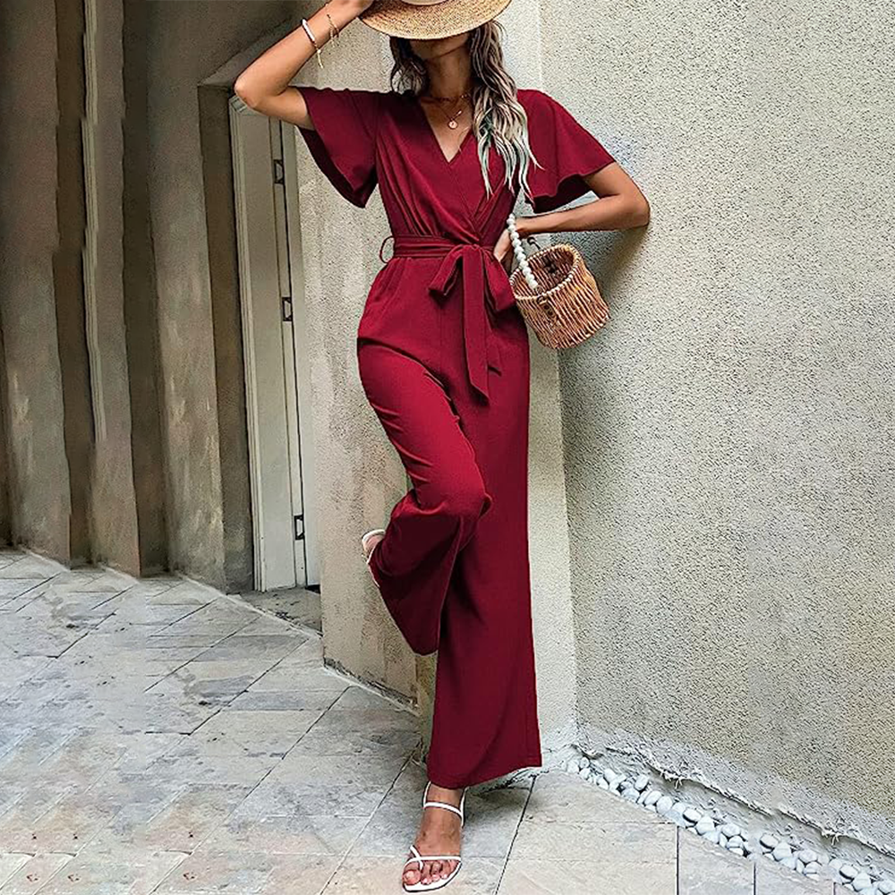 Vielseitiger Damen Frühling Jumpsuit mit V-Ausschnitt, lockerer Passform, Taschen, perfekt für Freizeit & elegante Anlässe.