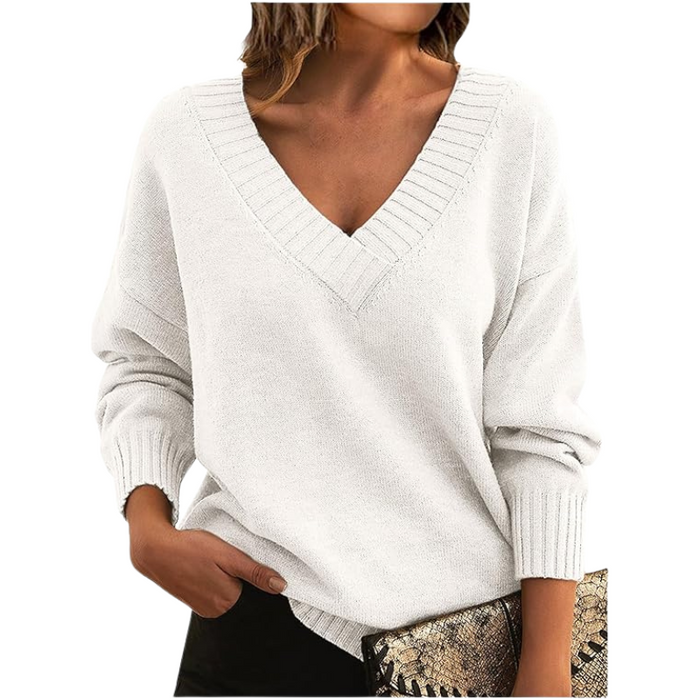 Zeitloser Damen Langarm Pullover, V-Ausschnitt, locker fallend. Ideal für stilvolle Damenmode.