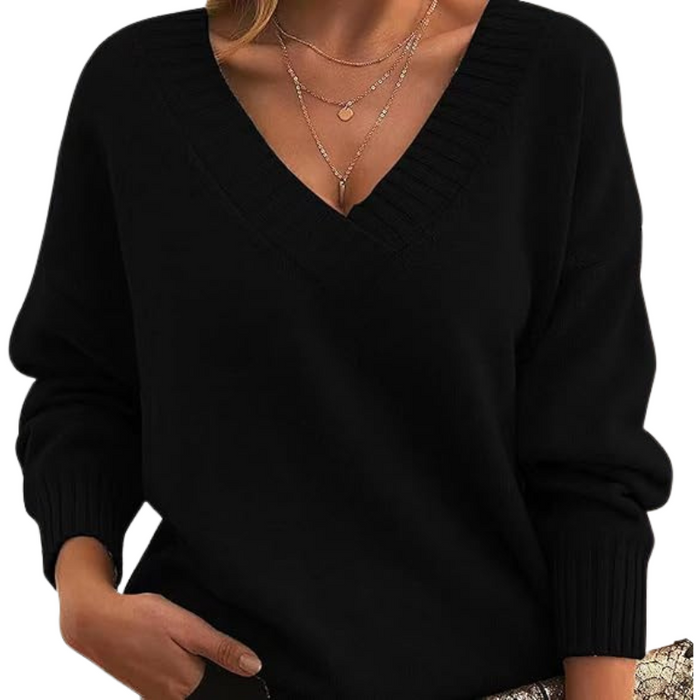 Eleganter Damen V-Ausschnitt Pullover mit lockerem Schnitt, bequem und schick für den Herbst.