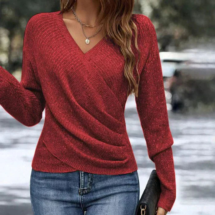 Rotes V-Neck Wickeltop für Damen. Schickes Frühlings-Oberteil, geeignet als elegante Bluse für jeden Anlass.