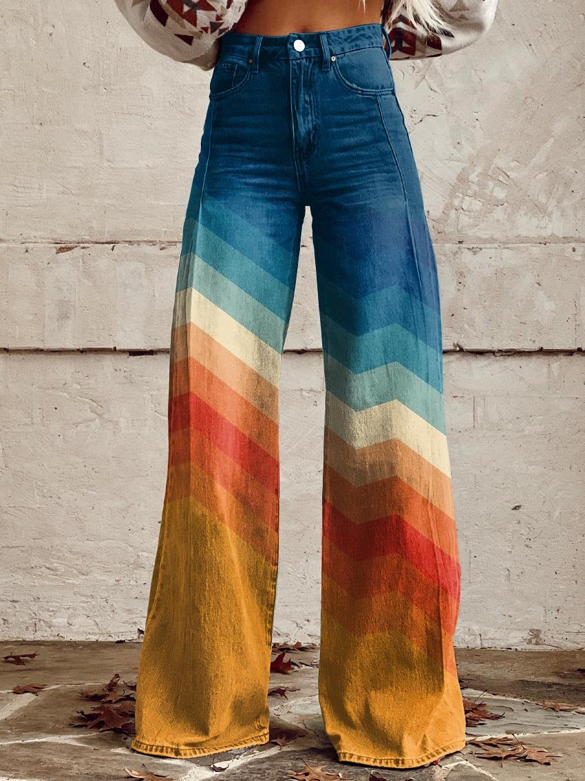 Damen Vintage Boho Hose mit weitem Bein & Chevron Muster. Stilvolle Retro-Freizeithose für einzigartigen Look.
