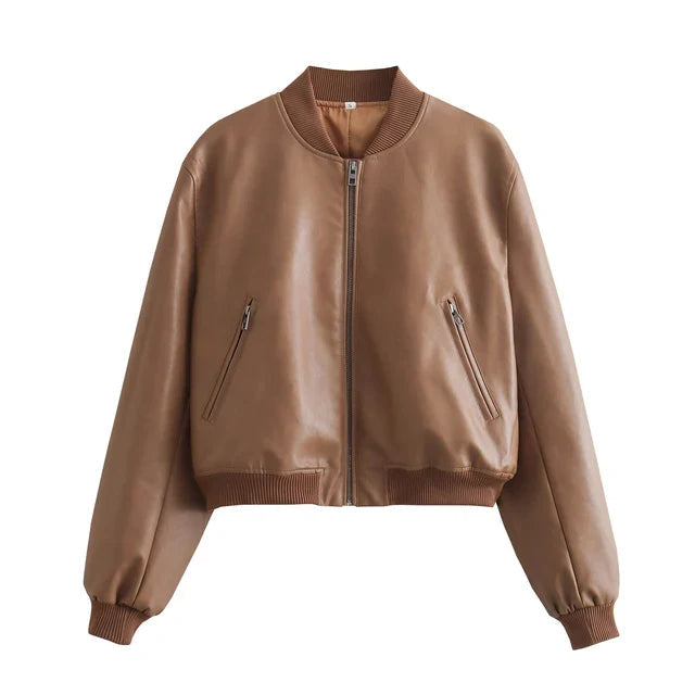 Damen Vintage Bomberjacke mit Stehkragen. Modische Übergangsjacke für Herbst & Frühling im Streetwear-Look.