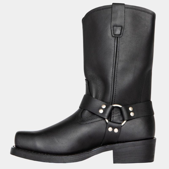Seitenansicht der Damen Vintage Cowboystiefel in klassischem Western-Design, mit robustem Blockabsatz und elegantem Schaft.
