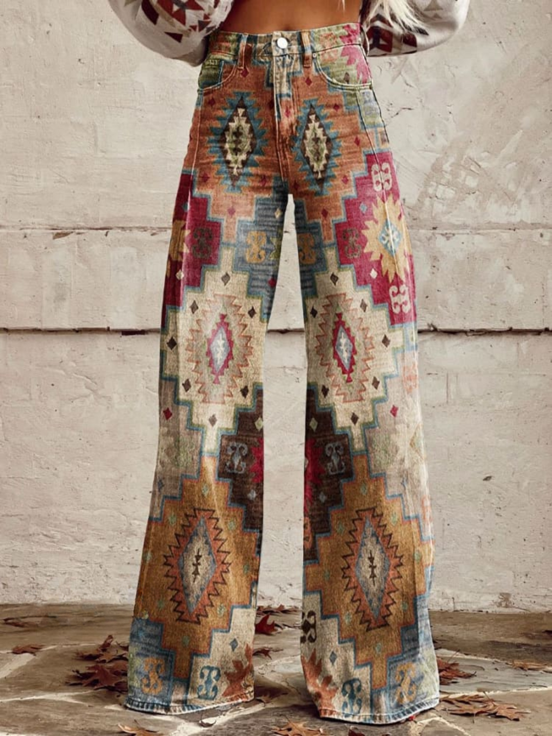 Retro Damen Hose mit weitem Bein, geometrischem Muster. Vintage Stil für einen eleganten und bequemen Alltagslook.