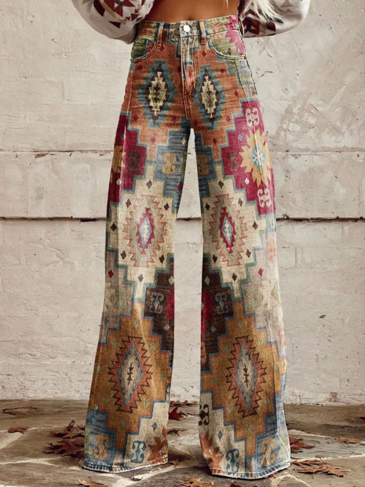 Retro Damen Hose mit weitem Bein, geometrischem Muster. Vintage Stil für einen eleganten und bequemen Alltagslook.