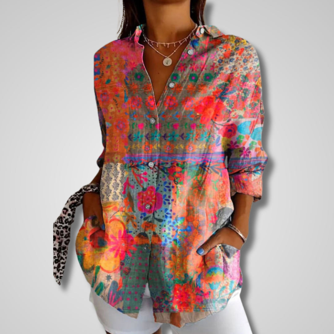Damen Vintage Sommerhemd, lässig-elegant, buntes Muster für warme Tage & Freizeit. Leichtes Damen Oberteil.