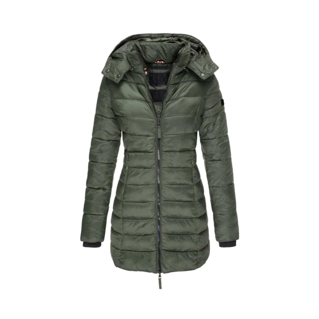 Detailansicht der gesteppten Textur der wasserabweisenden Damen Winter-Pufferjacke, warm und chic.